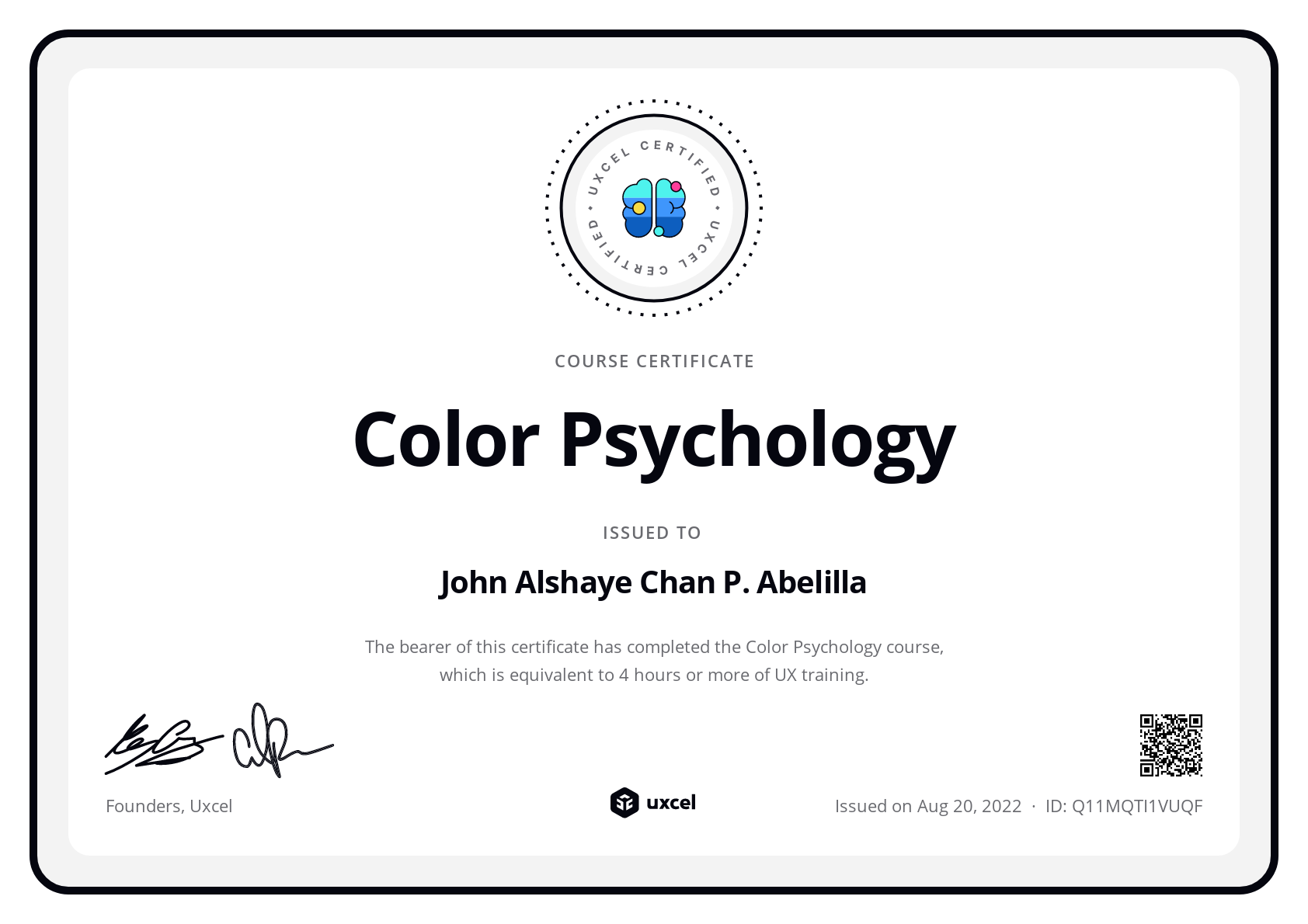 John Alshaye Chan Abelilla's certificate